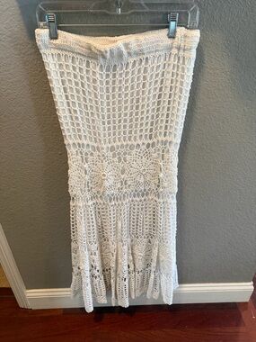 Boston Proper Crochet Maxi Skirt White Boho Beach Cover Up Elastic Waist Size S